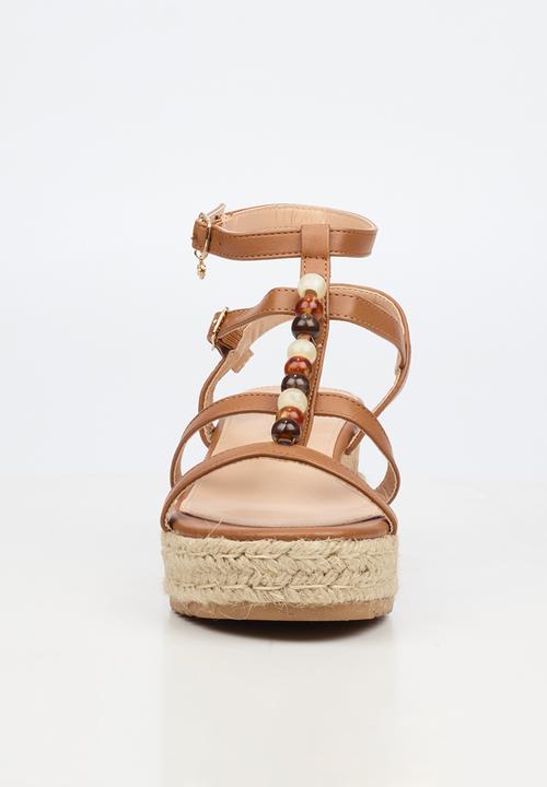 Miss Black - Steffi 11 beaded multi-strap wedge - tan