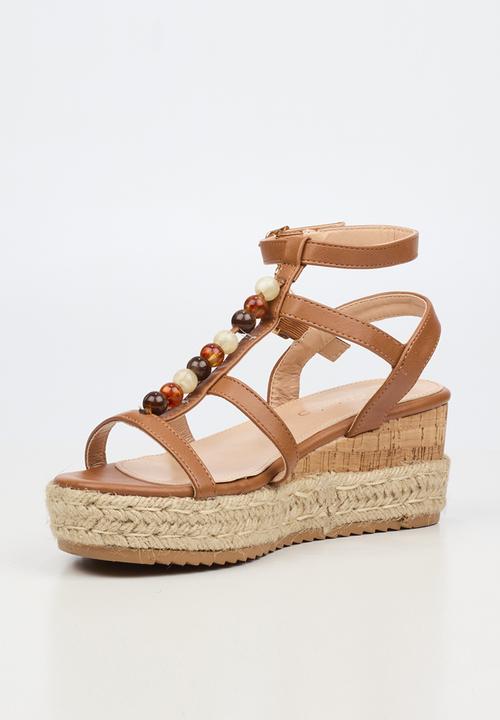 Miss Black - Steffi 11 beaded multi-strap wedge - tan