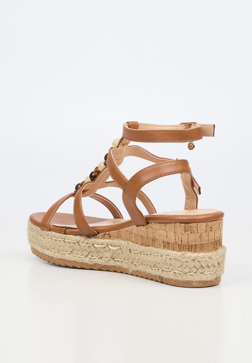 Miss Black - Steffi 11 beaded multi-strap wedge - tan