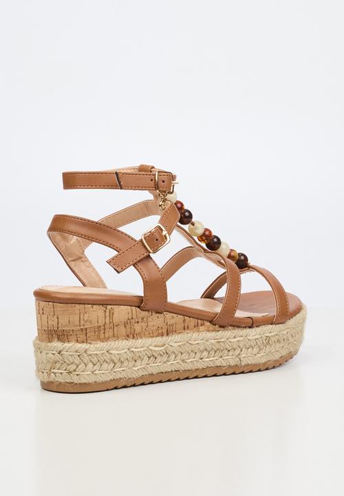 Miss Black - Steffi 11 beaded multi-strap wedge - tan