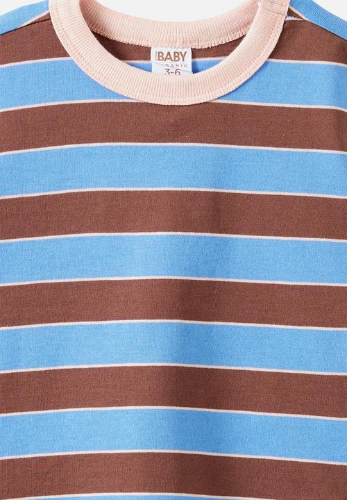 Cotton On - Baby Essential Short Sleeve Graphic Tee - Blue Bonnet/Light Brown Stripe