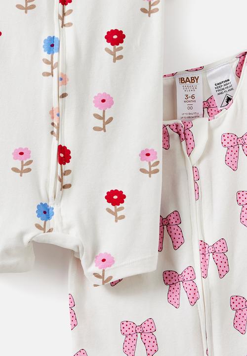 Cotton On - 2 Pack Growie Short Sleeve Zip Romper - Vanilla/Pretty Bows & Vanilla/Sweet Blooms