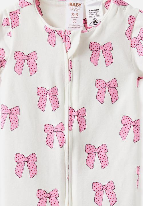 Cotton On - 2 Pack Growie Short Sleeve Zip Romper - Vanilla/Pretty Bows & Vanilla/Sweet Blooms