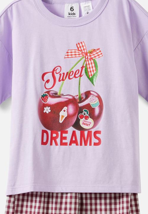 Cotton On - Sleep Tee & Poplin Pant Pj Set - Vintage Lilac/Berry Jam Gingham