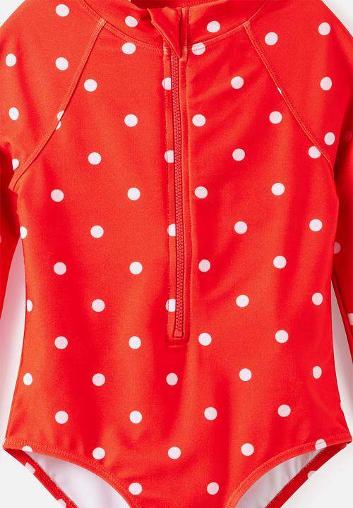 Cotton On - Long Sleeve One Piece Swimsuit - Pop Red/Ballet Pink Polkadot