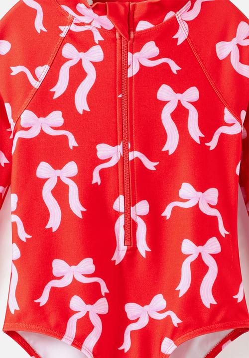 Cotton On - Long Sleeve One Piece Swimsuit - Pop Red/Bows