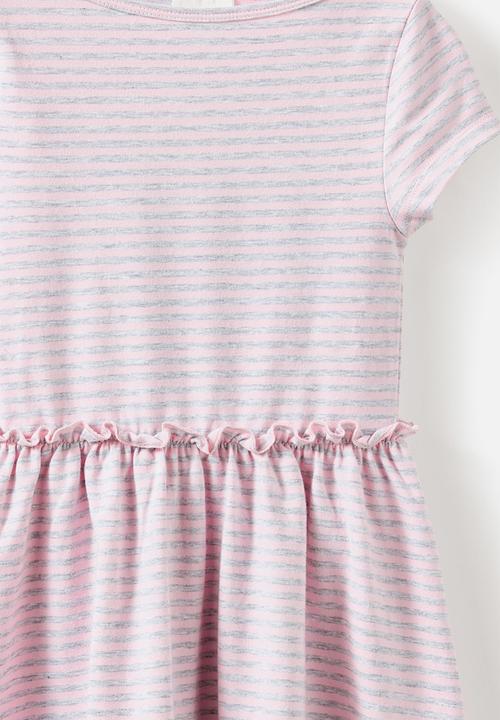 Cotton On - Boat Neck Frill Short Sleeve Dress - Ballet Pink/Grey Marle Stripe