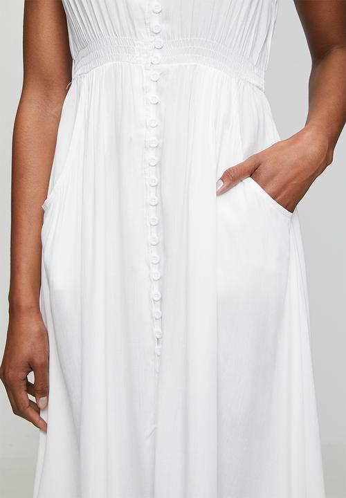 Stella Morgan - Cap Sleeve With Flutter V-Neck Button Through Maxi Plain Colour Maxi Dress With Ladder Lace Trim - White