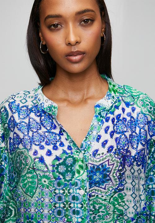 MANDI - Half Sleeve Batwing Easy Wearing Sheer Printed Blouse - Multi Green