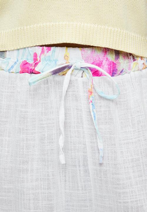 Izabel London - High Waist Drawcord Wide Leg Printed Easy Wearing Pant - White