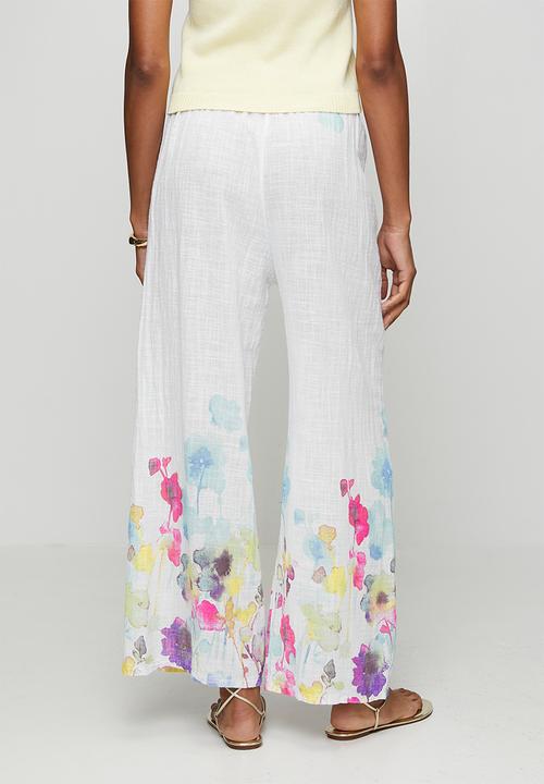 Izabel London - High Waist Drawcord Wide Leg Printed Easy Wearing Pant - White