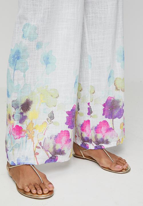 Izabel London - High Waist Drawcord Wide Leg Printed Easy Wearing Pant - White
