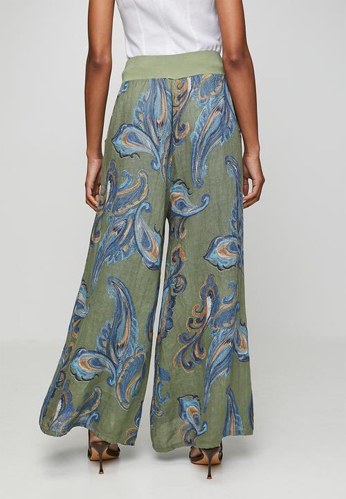 Izabel London - Printed Linen Flare Leg Pant With Elastic At Waist - Sage