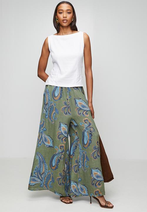 Izabel London - Printed Linen Flare Leg Pant With Elastic At Waist - Sage
