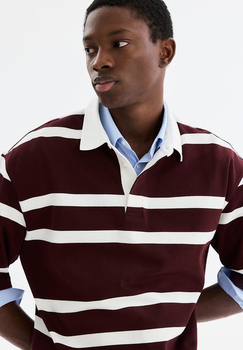 H&M - Loose fit cotton polo shirt - burgundy/striped