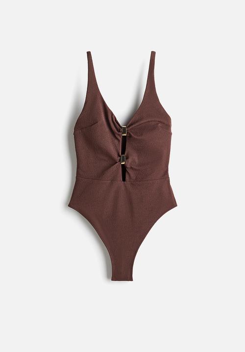 H&M - Padded-cup high leg swimsuit - dark brown