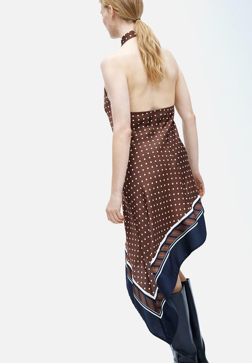 H&M - Asymmetric satin halterneck dress - brown/polka dot