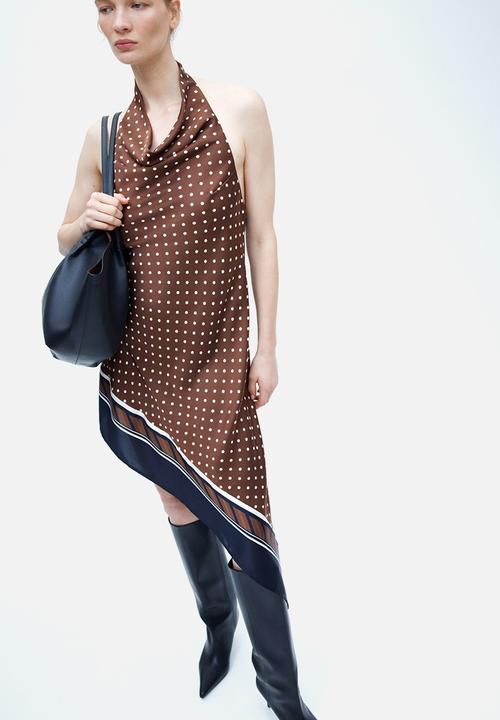 H&M - Asymmetric satin halterneck dress - brown/polka dot