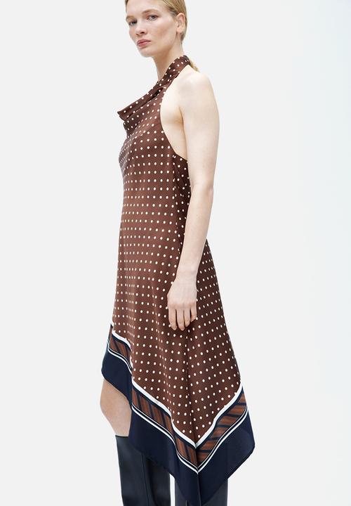 H&M - Asymmetric satin halterneck dress - brown/polka dot