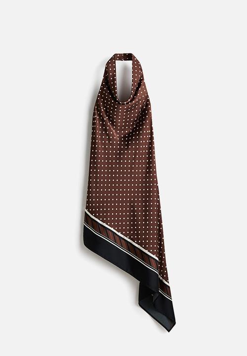 H&M - Asymmetric satin halterneck dress - brown/polka dot
