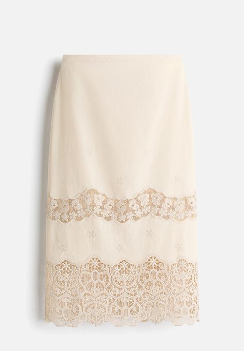 H&M - Embroidered cotton skirt - light beige