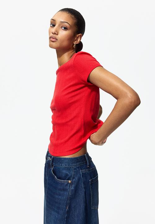 H&M - Pointelle-knit T-shirt - bright red