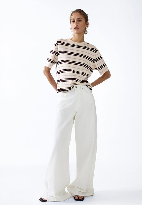 H&M - Knitted T-shirt - light beige/dark brown striped