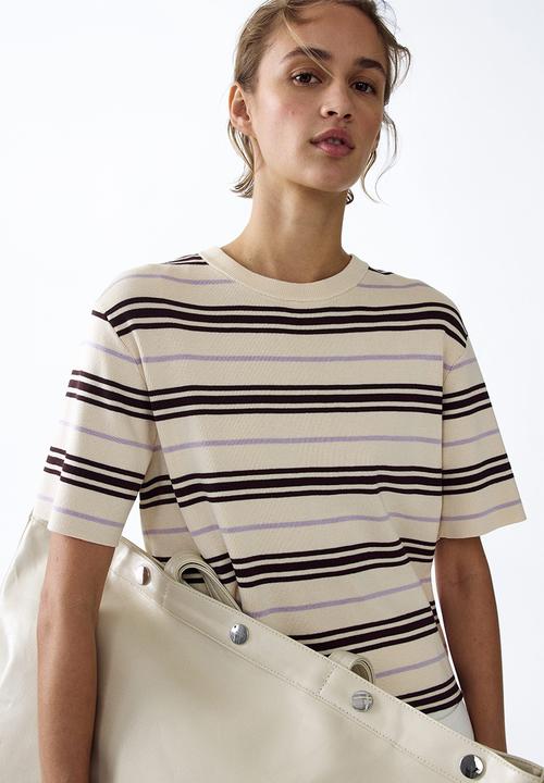 H&M - Knitted T-shirt - light beige/dark brown striped