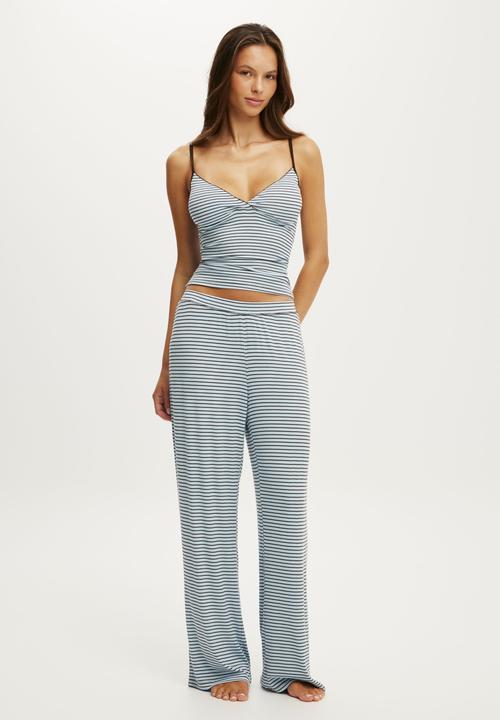 Cotton On - Airy Soft Triangle Cami & Wide Leg Pant Set - Ribbed Lucy Stripe Violet Blue/Toffee Bean