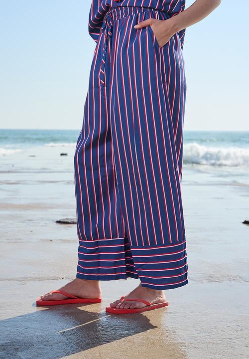 Me&B - Plus Navy Stripe Wide Leg Pant - Navy stripe