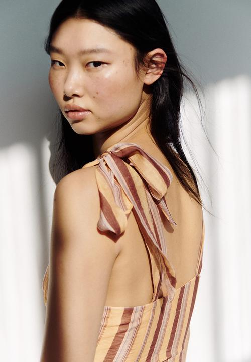 H&M - Cropped tie-strap top - beige/striped
