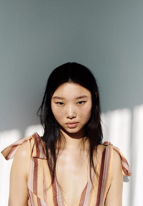 H&M - Cropped tie-strap top - beige/striped