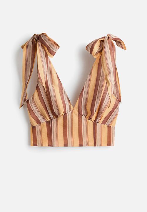 H&M - Cropped tie-strap top - beige/striped