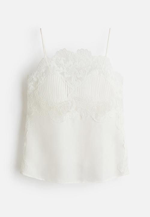 H&M - Linen-blend lace-detail top - white