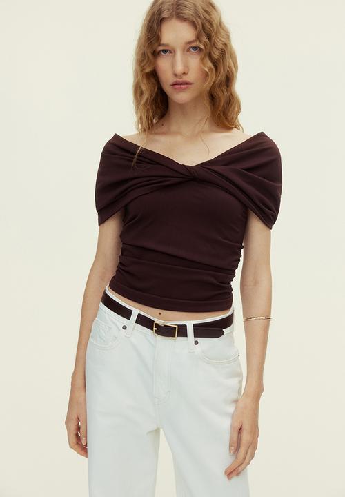 H&M - Twist-detail off-the-shoulder top - dark brown