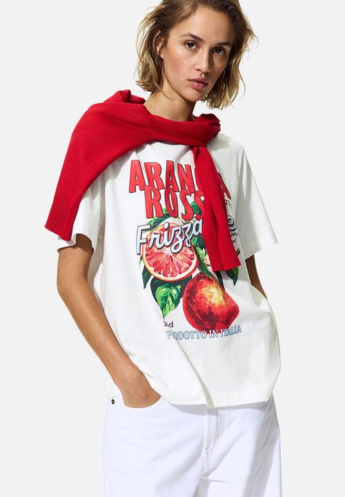 H&M - Printed t-shirt - white/arancia rossa