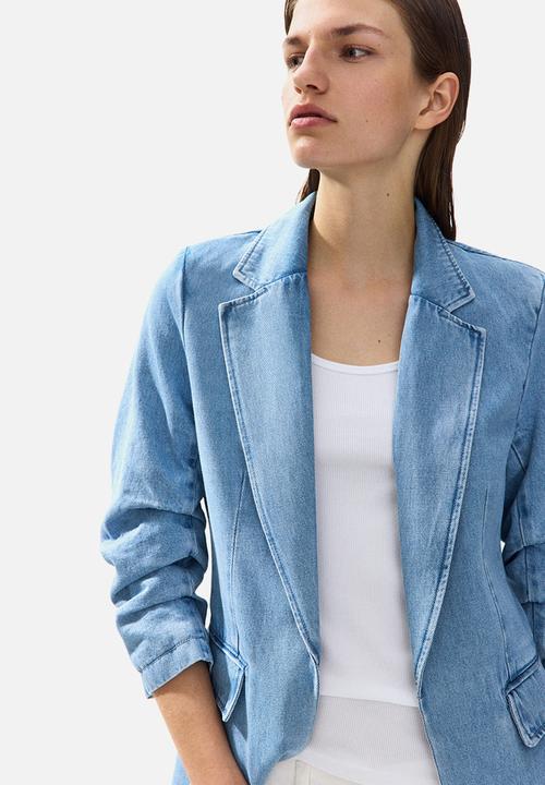H&M - Gathered-sleeve denim blazer - denim blue