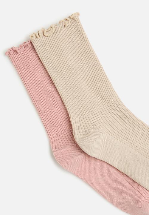 Tessa Design - 2pk frill trim socks - beige/pink
