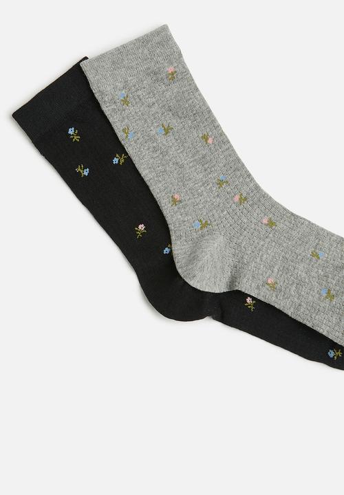 Tessa Design - 2Pk floral detail socks - black/grey