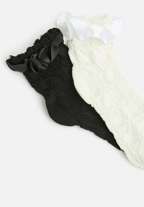 Tessa Design - 2Pk patterned frill trim socks - black/white