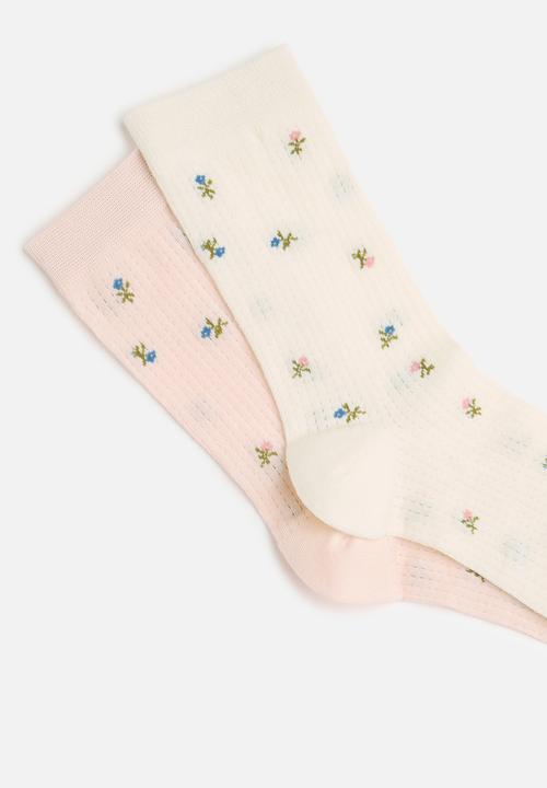 Tessa Design - 2Pk floral detail socks - pink/white