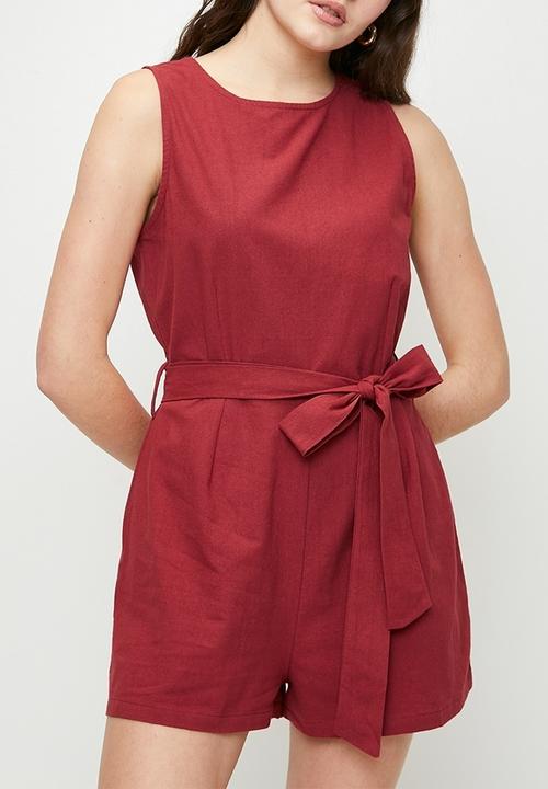 Brave Soul - Ladies Linen Look Playsuit With Tie Waist Detail - Red