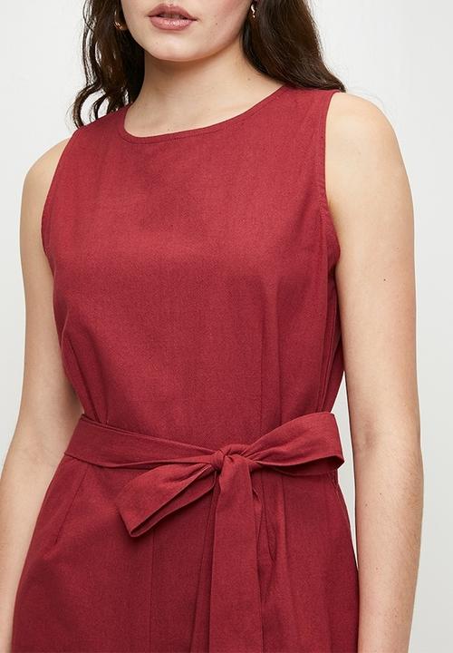 Brave Soul - Ladies Linen Look Playsuit With Tie Waist Detail - Red