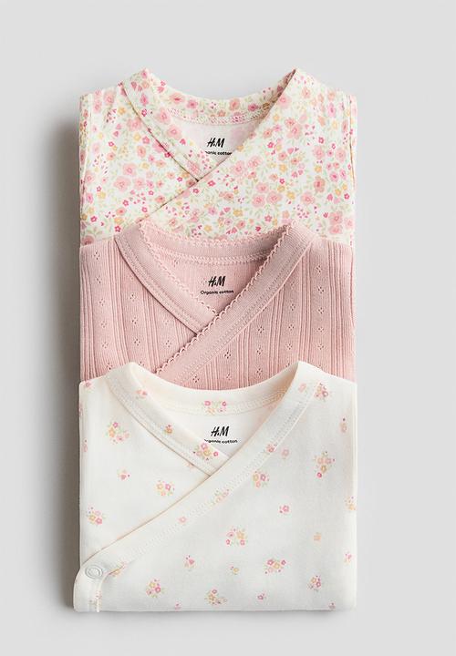 H&M - 3-pack wrapover bodysuits - light dusty pink/floral