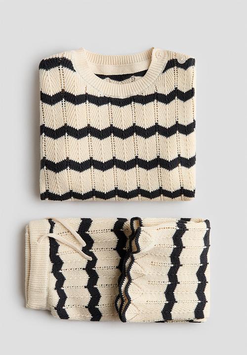 H&M - 2-piece pointelle-knit cotton set - light beige/striped