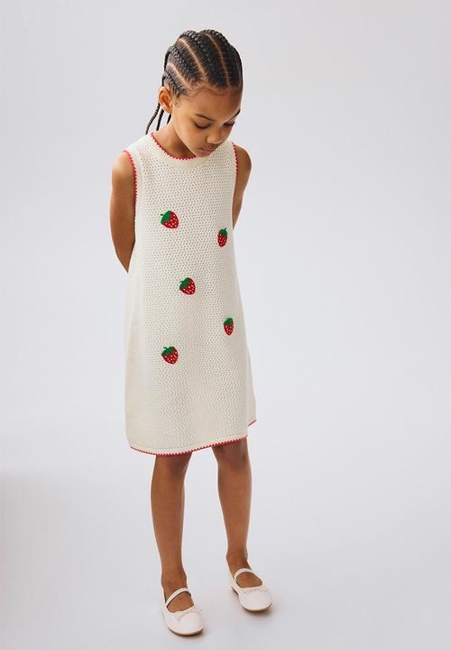 H&M - Appliquéd hole-knit dress - cream/strawberries