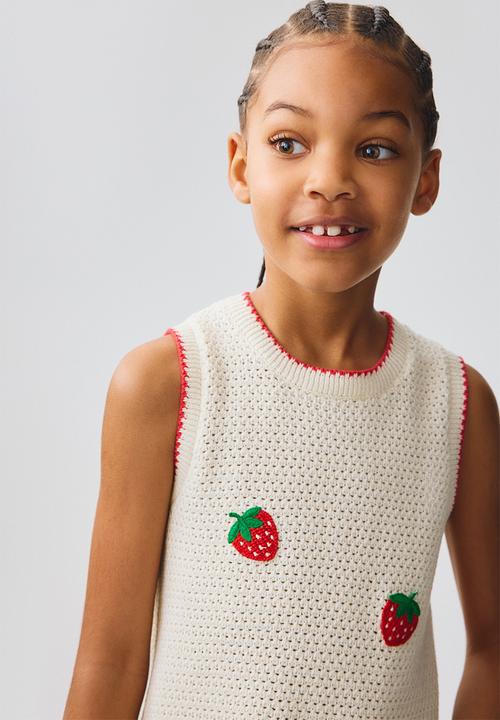 H&M - Appliquéd hole-knit dress - cream/strawberries