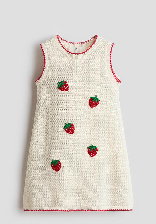 H&M - Appliquéd hole-knit dress - cream/strawberries