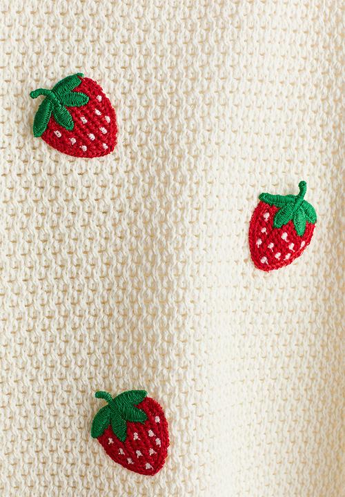 H&M - Appliquéd hole-knit dress - cream/strawberries