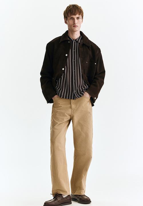 H&M - Regular fit textured-knit shirt - dark brown/striped